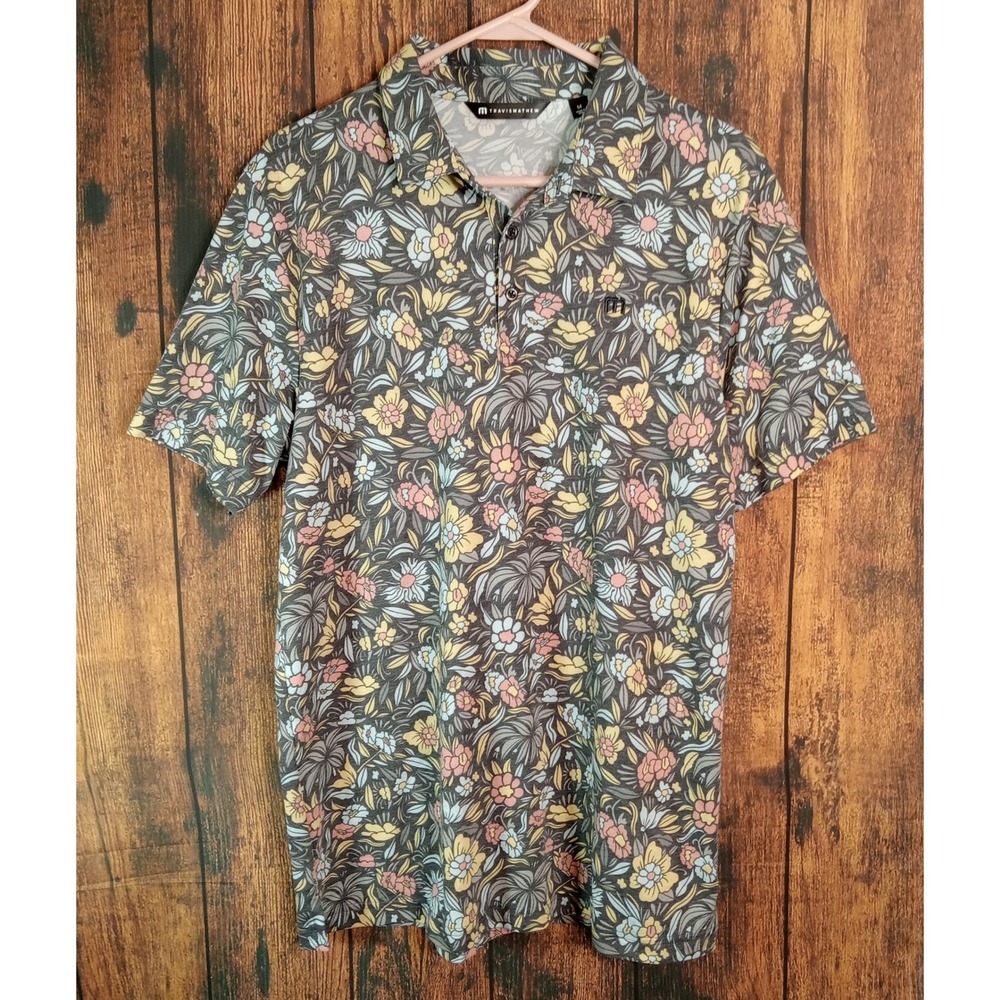 TravisMathew Mens Floral Polo Shirt Grey Pink Yellow Short Sleeve Golf Size M
